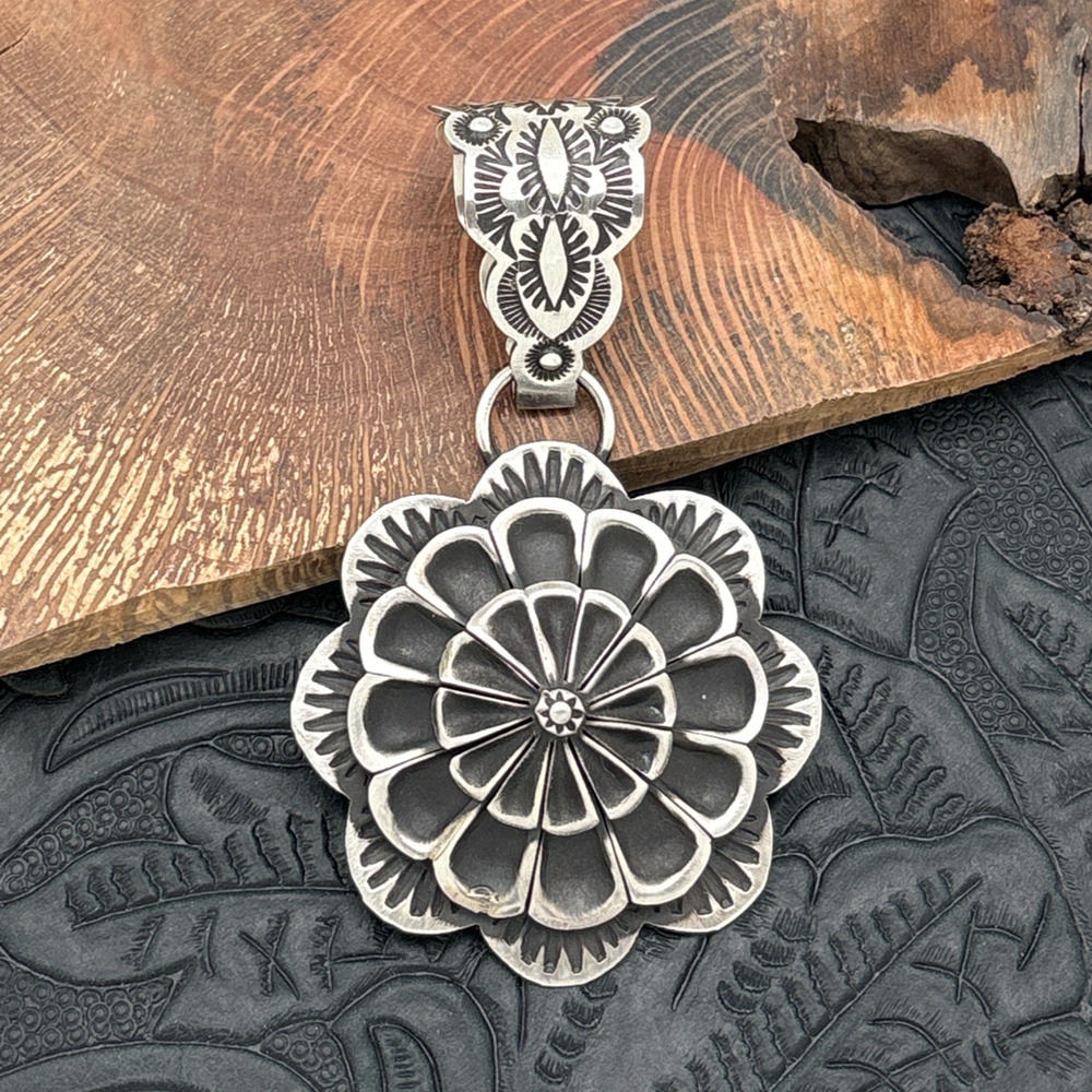 LEANDER TAHE Navajo Sterling Silver 3-D Flower Pendant Large Decorative Bail